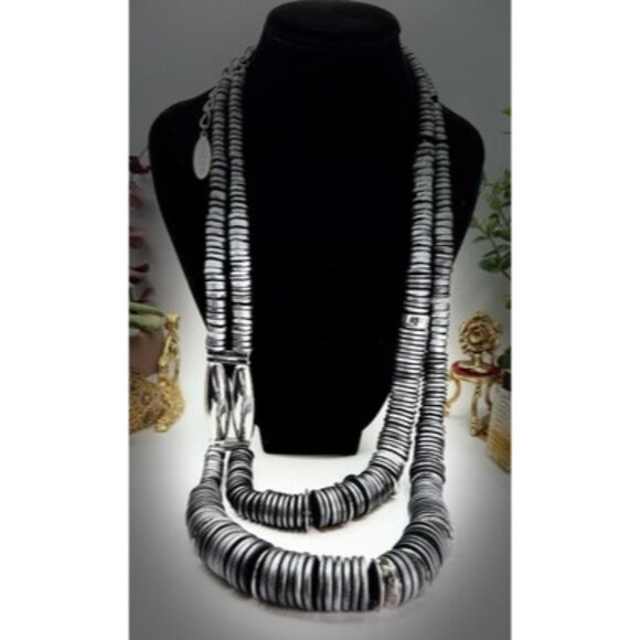 Chicos Chunky Metallic Gray SilverTone Disk Rhinestone Statement LayeredNecklace - Picture 3 of 9